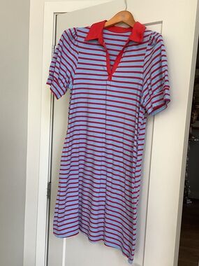 Casual Striped Polo Dress in Sky Blue and Red